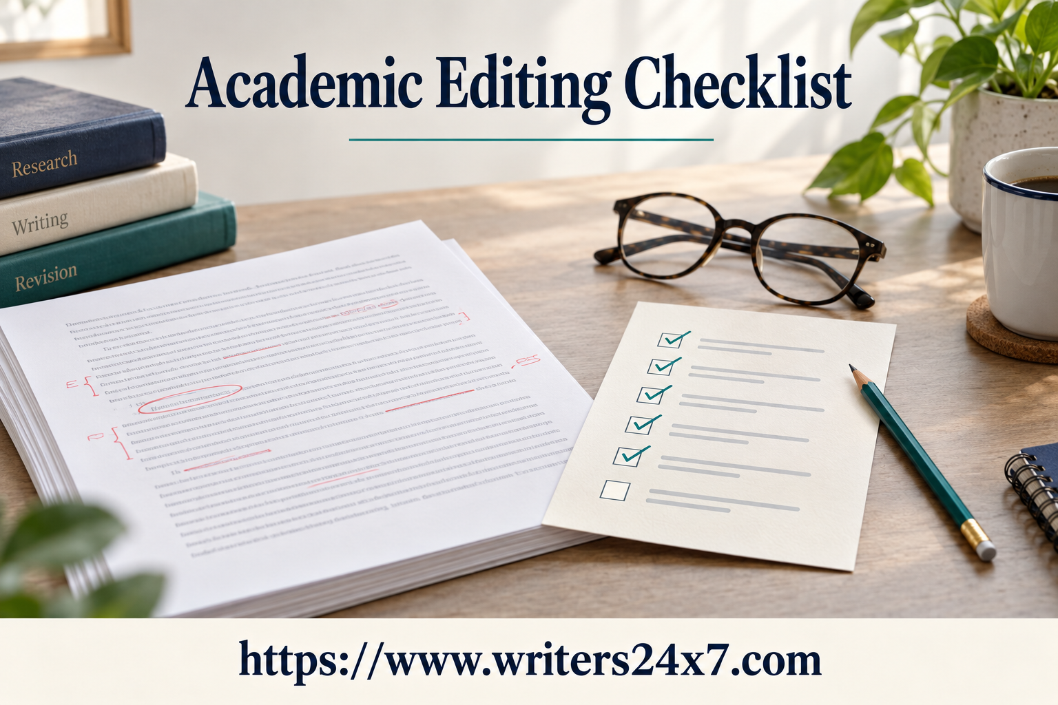 academic editing checklist — Academic Editing Checklist guide: papers, pen, and a checklist on an editing desk