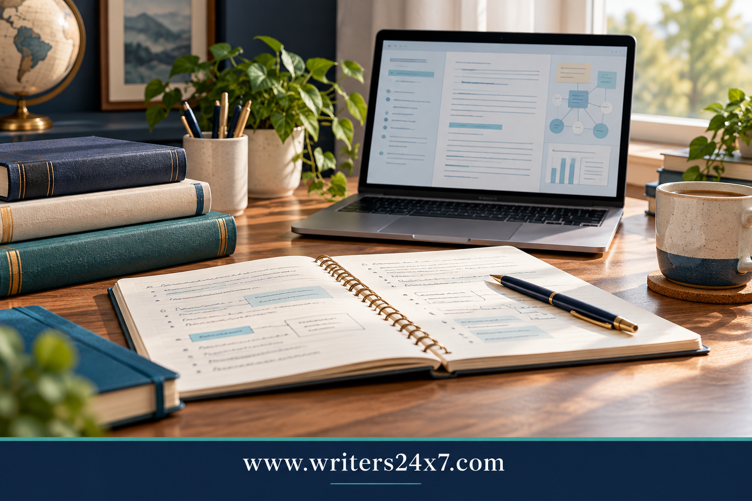 Academic essay outline study desk with Writers24x7 website address