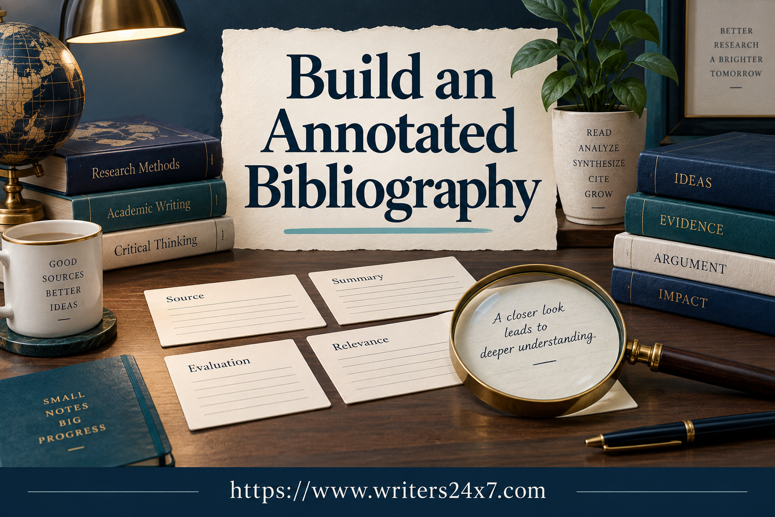 Annotated bibliography workspace with summary, evaluation, and relevance cards