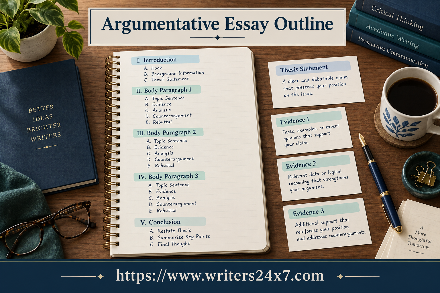 argumentative essay outline — Argumentative Essay Outline guide: desk with an argument outline, books, and planning notes