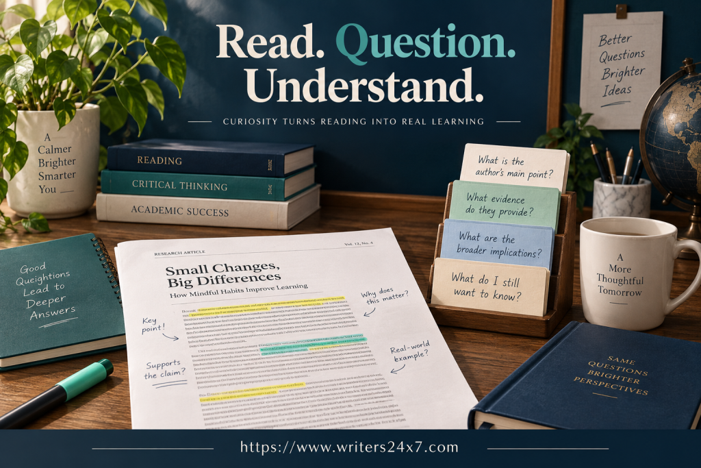 Critical reading desk with an annotated article and question cards