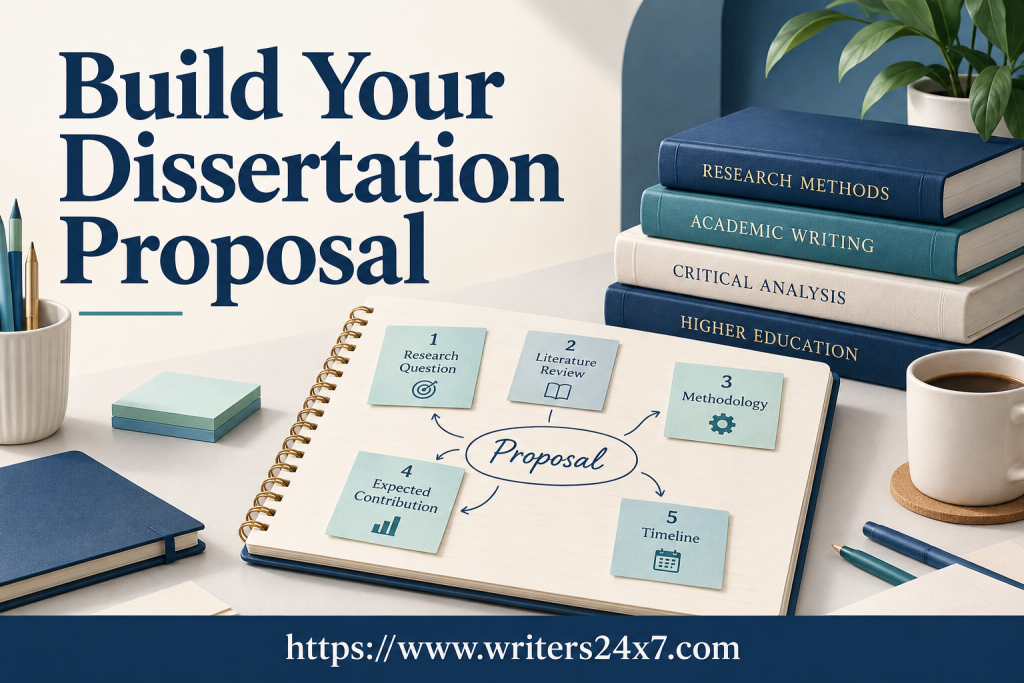 Research planning notebook with milestone cards and a stack of academic books.