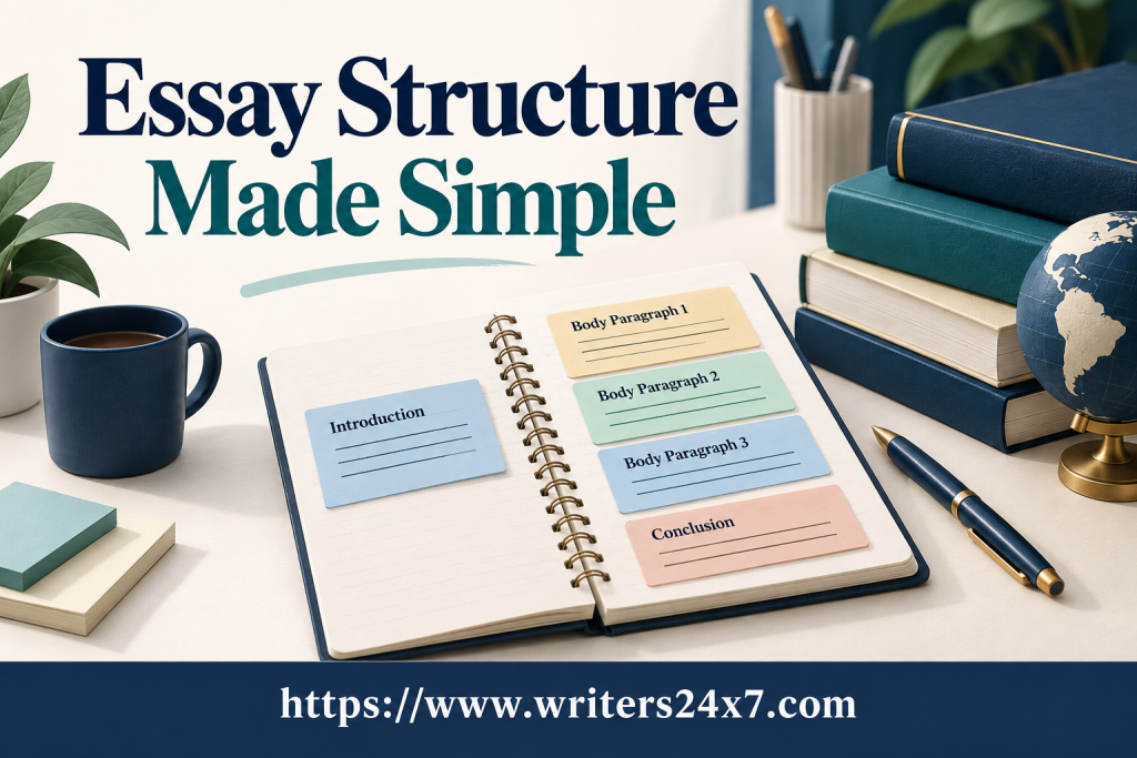 Open notebook and organized paragraph cards illustrating a clear essay structure.