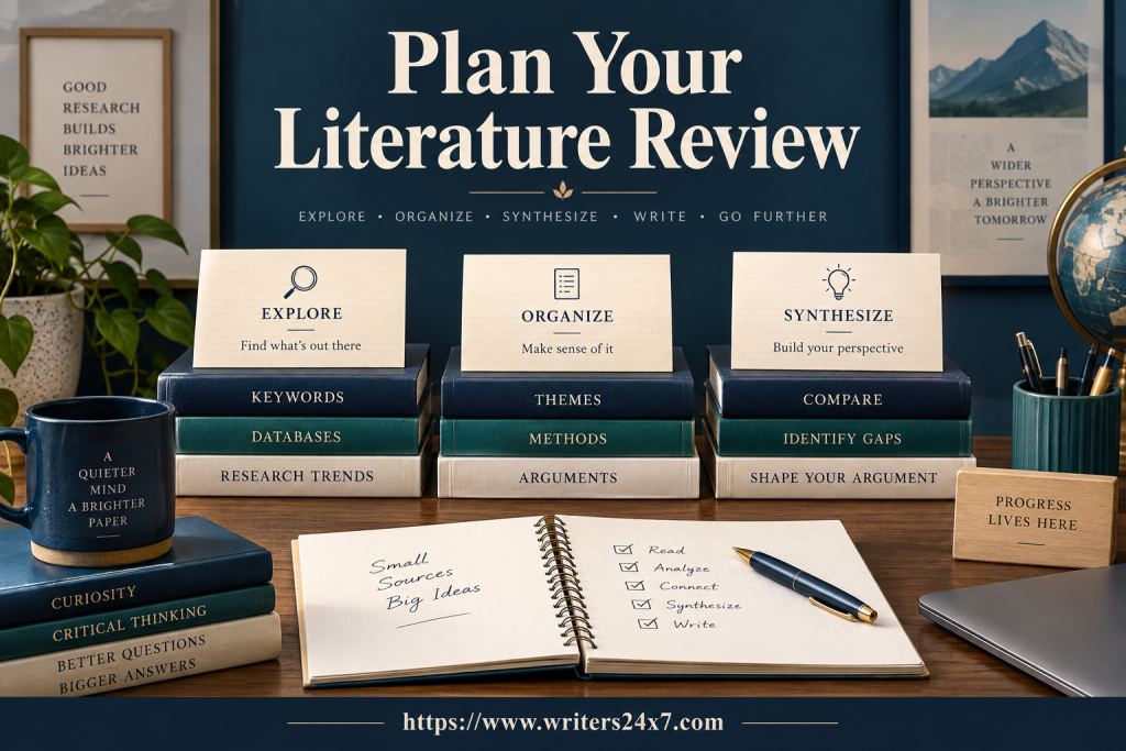 Literature review planning desk with books and research theme cards