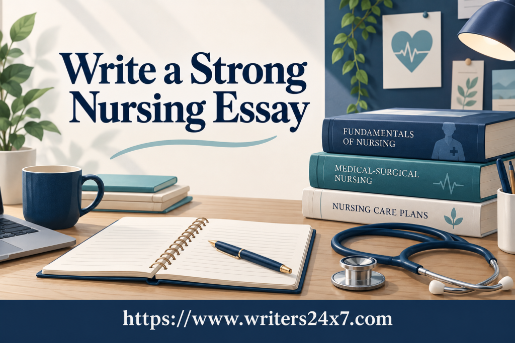 Nursing textbooks, a writing notebook, and a stethoscope on a study desk.