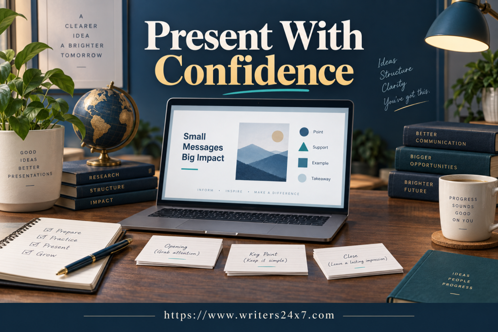 Presentation speaker notes beside a laptop and cue cards