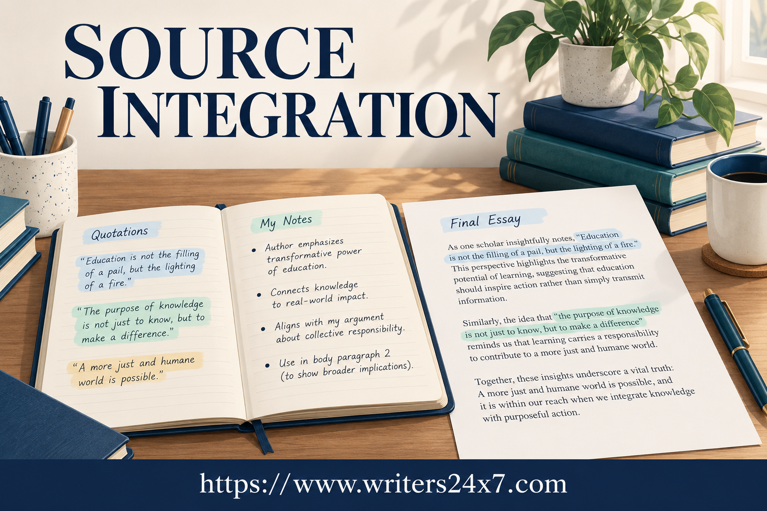 A notebook and essay showing source integration, branded with https://www.writers24x7.com.
