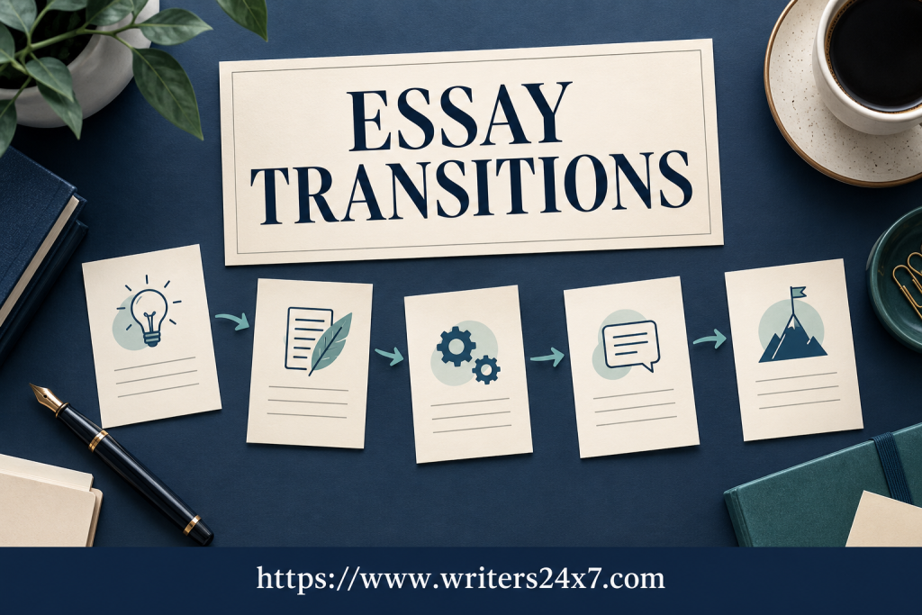 Connected idea cards showing essay transitions, branded with https://www.writers24x7.com.