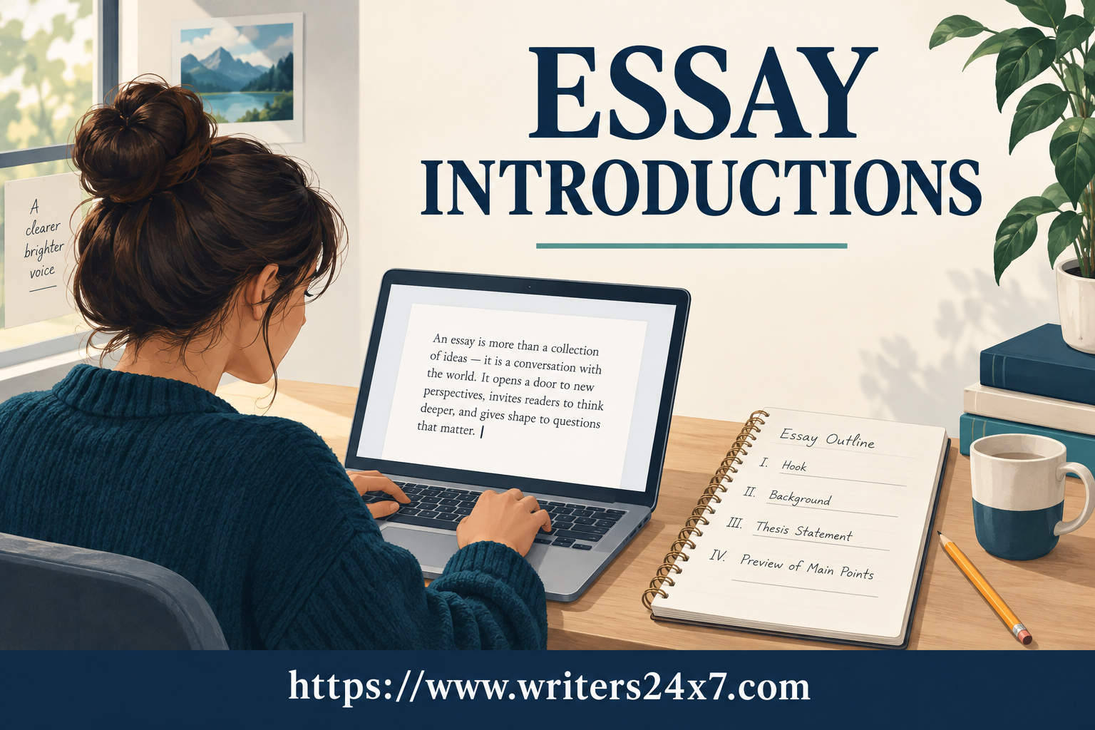 A student drafting an essay introduction, branded with https://www.writers24x7.com.
