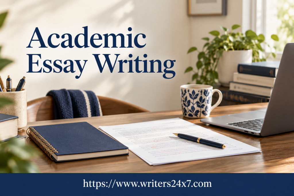 Academic essay writing workspace with a notebook, draft, and laptop, branded with the Writers24x7 website address.