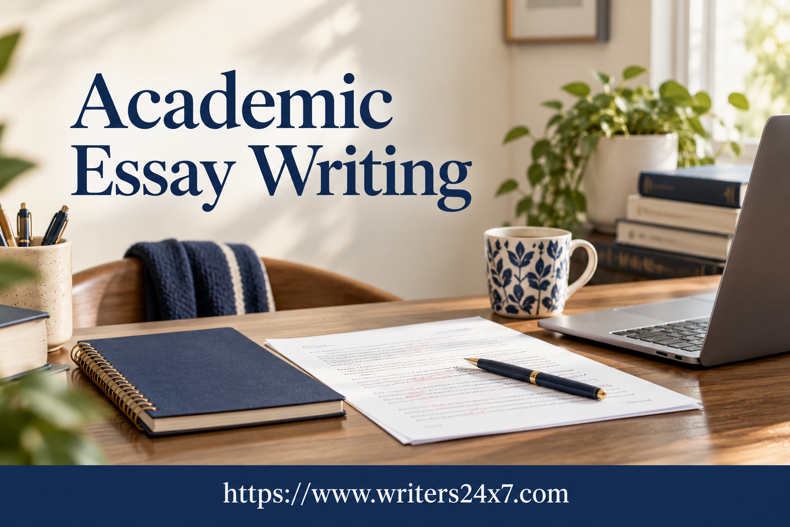 Academic essay writing workspace with a notebook, draft, and laptop, branded with the Writers24x7 website address.