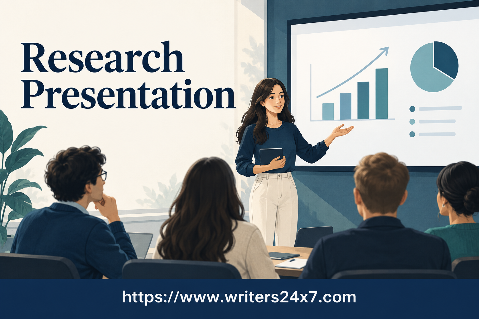 Research presentation illustration showing a student explaining a chart to a seminar group, branded with Writers24x7.